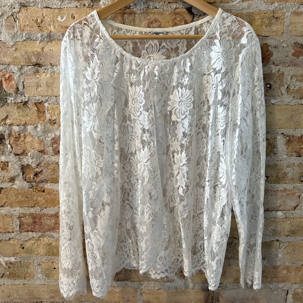 Y2K VTG floral lace long sleeve top white XL